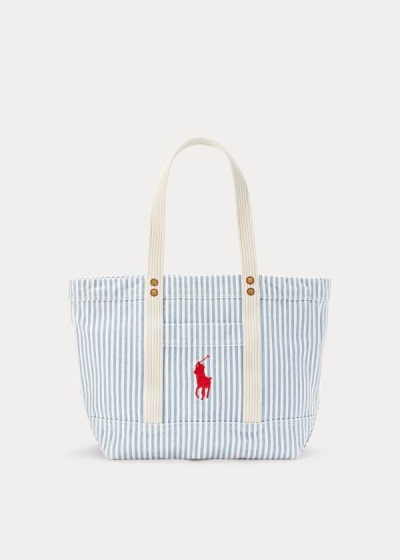 Bolsos De Mano Polo Ralph Lauren Mujer Azules / Blancos - Canvas Striped Medium - INDTZ7529